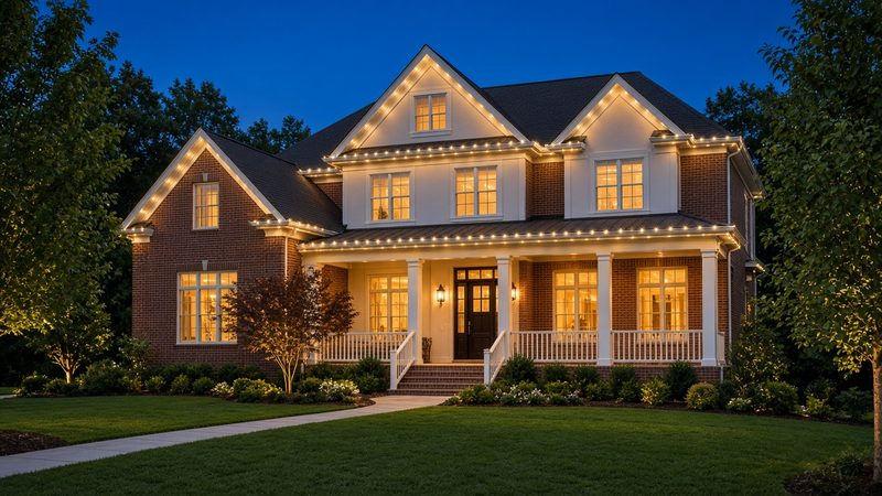 Design rendering of a two-story brick and siding home at dusk, with warm white permanent lights in a slim track along every roofline and gable
