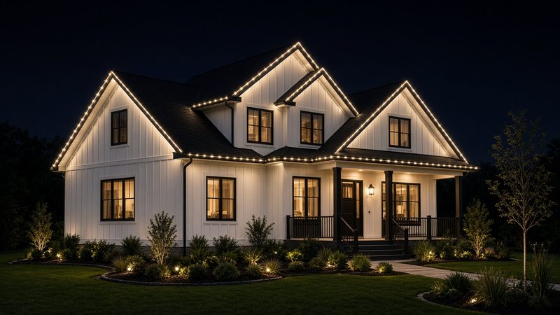 Design rendering of a white farmhouse at night, with warm white permanent lights tracing every gable, peak and the porch roof