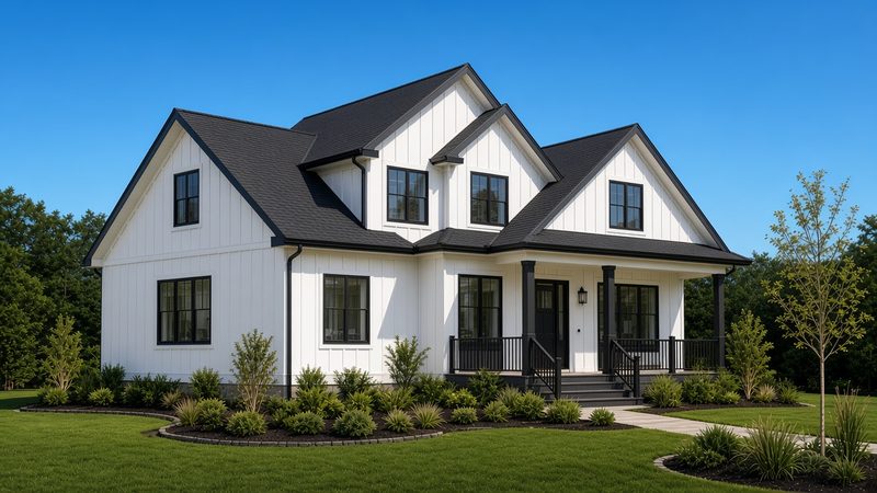 Design rendering of the same white farmhouse in daylight with the lights off; the trim-colored track is hard to see