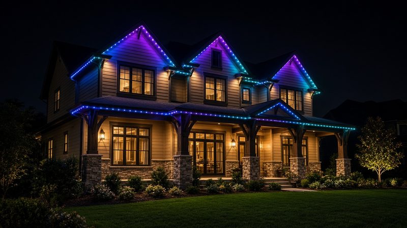 Design rendering of a craftsman-style home at night with permanent roofline lights set to a blue, violet and teal color scene