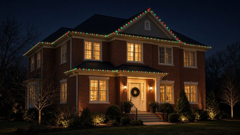 Design rendering of a red brick two-story home at night with permanent track lights set to an alternating red and green holiday scene