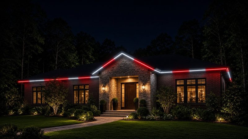 Design rendering of a brick and stone ranch home at night with permanent roofline lights set to a red and white game-day scene