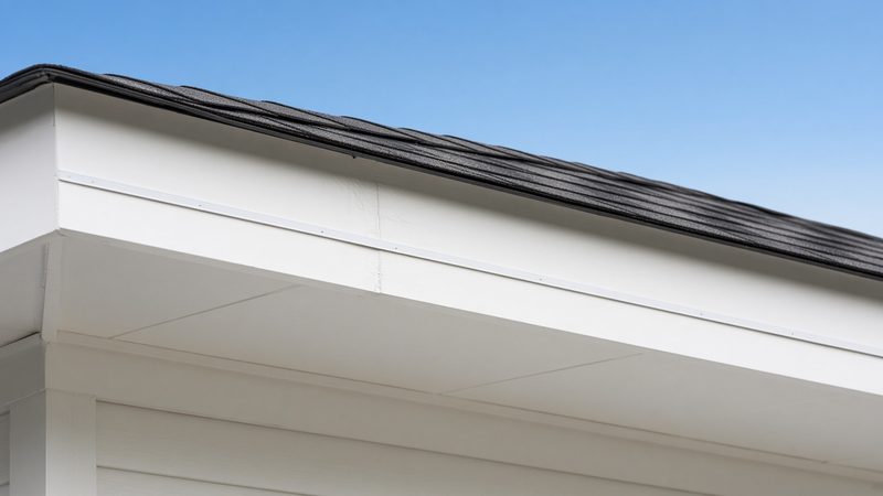 Design rendering of a white eave in daylight; a slim track color-matched to the trim runs under the roof edge and blends in