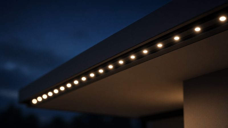 Design rendering of a night close-up of evenly spaced warm white LED points set into a slim track under an eave