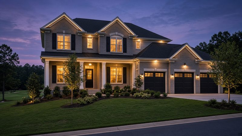 Design rendering of a gray brick two-story home with a three-car garage at twilight, with a subtle warm white line along the rooflines